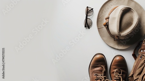 Top view portrait minimalist style composition of hat, glasses, backpack and boots on white background photo