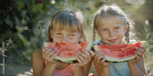 Cute Happy Summer Kids Eati...