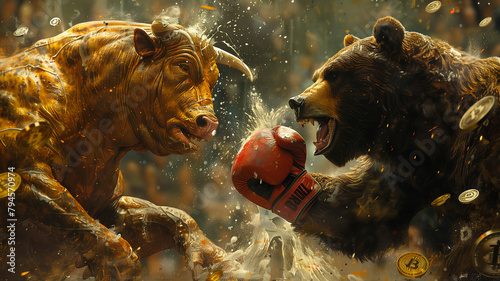 Bull and bear clashing amidst coins.