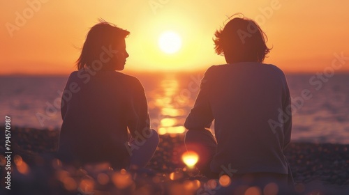 Two friends sit side by side on the shoreline both turned away from the camera and lost in deep conversation. The sun sets behind . .