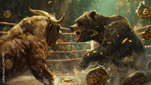 Bull and bear clashing amidst coins.