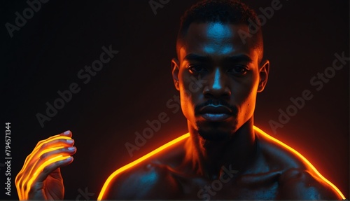 orange glowing neon lights on african handsome guy in dark background from Generative AI
