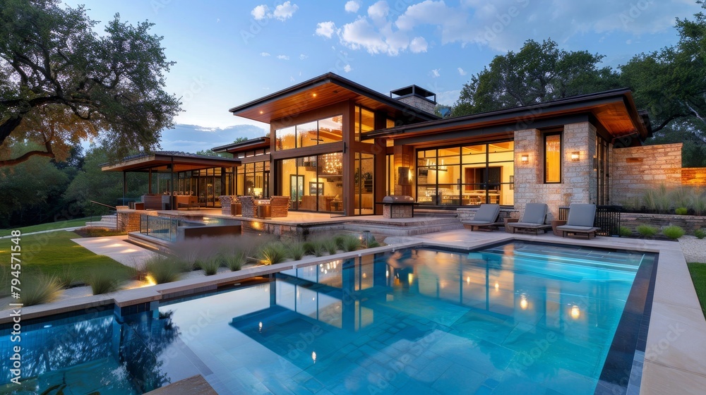 Contemporary ranch house with a pool  AI generated illustration