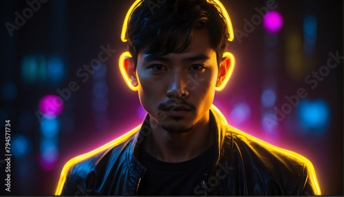 yellow glowing neon lights on asian handsome guy in dark background from Generative AI