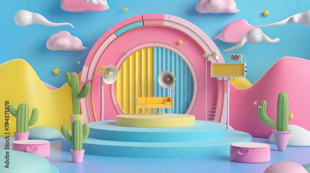 Create an abstract and colorful 3D representation of a TV show podcast studio with a touch of cuteness AI generated illustration Create an abstract and colorful 3D representation of a TV show podcast studio with a touch of cuteness AI generated illustration
