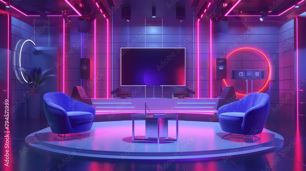 Naklejka premium Create an abstract and modern 3D representation of a TV show podcast studio AI generated illustration