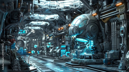 Create a cute 3D scene of a futuristic robot factory AI generated illustration