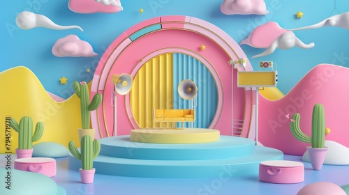Create an abstract and colorful 3D representation of a TV show podcast studio with a touch of cuteness AI generated illustration