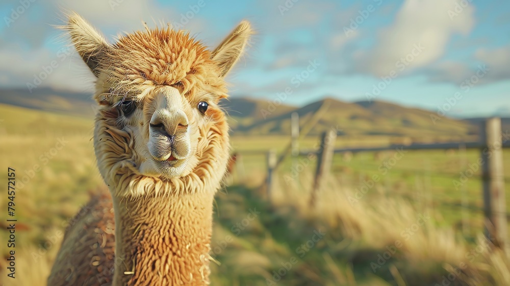 Obraz premium Cuddly alpaca standing in a pasture AI generated illustration