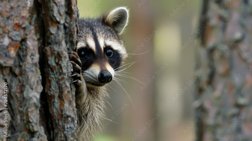 Obraz premium Curious raccoon peeking out from behind a tree AI generated illustration