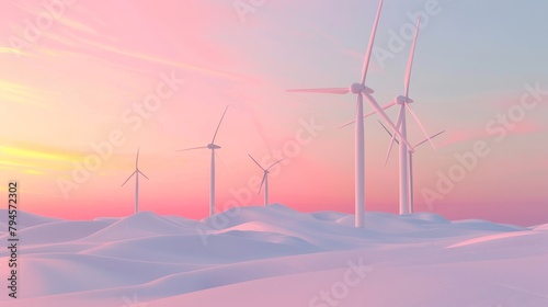 Cute 3D render of a wind farm set against a colorful sky  AI generated illustration