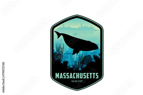 Massachusetts vector label with Right Whale and Truro Cape Cod Highland Lighthouse
