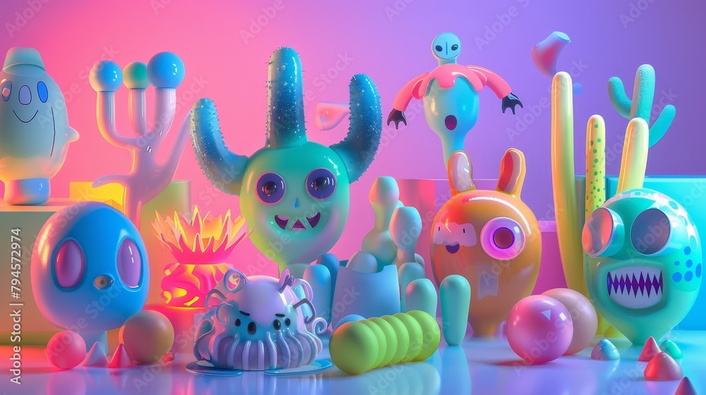 Cute characters and shapes in neon colors with a 3D twist AI generated illustration Cute characters and shapes in neon colors with a 3D twist AI generated illustration
