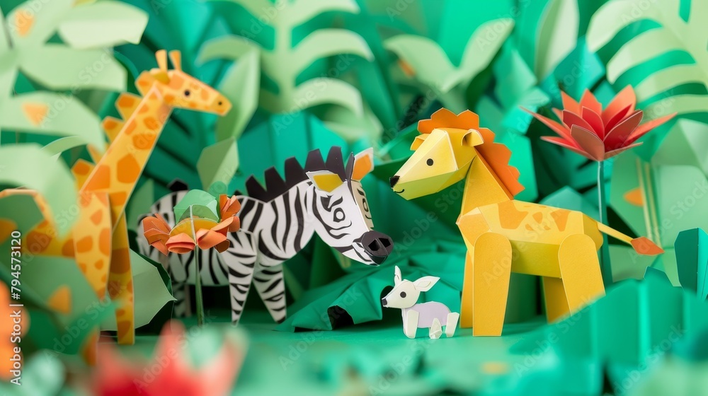 Fototapeta premium Cute paper animals interacting in a paper 3D world AI generated illustration