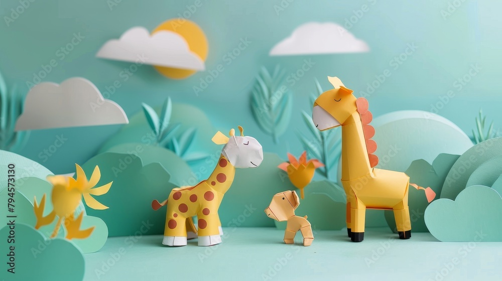Cute paper animals interacting in a paper 3D world  AI generated illustration - obrazy, fototapety, plakaty 