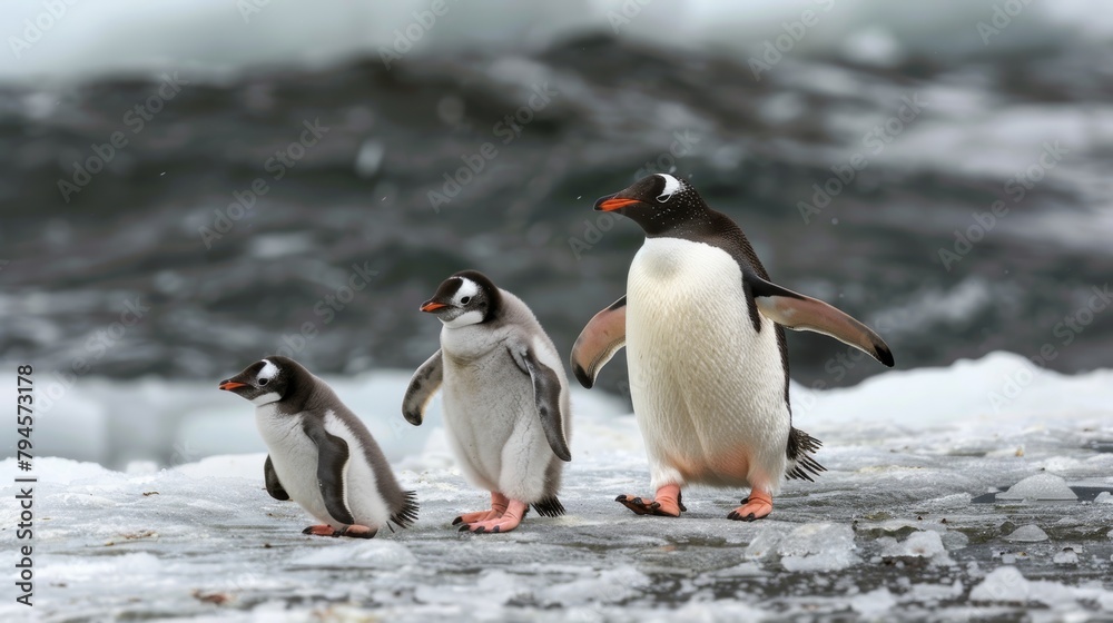 Naklejka premium Cute penguin family waddling across Antarctica AI generated illustration