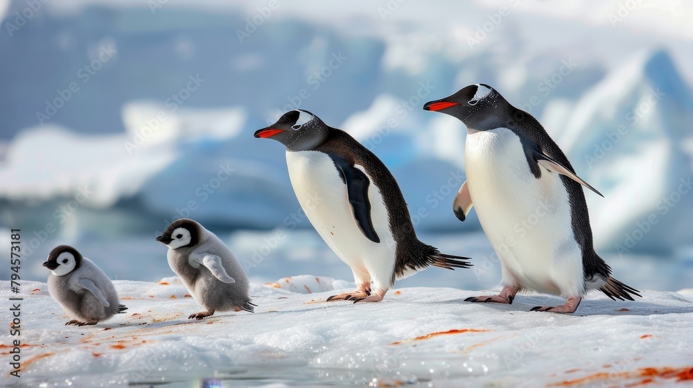Fototapeta premium Cute penguin family waddling across Antarctica AI generated illustration