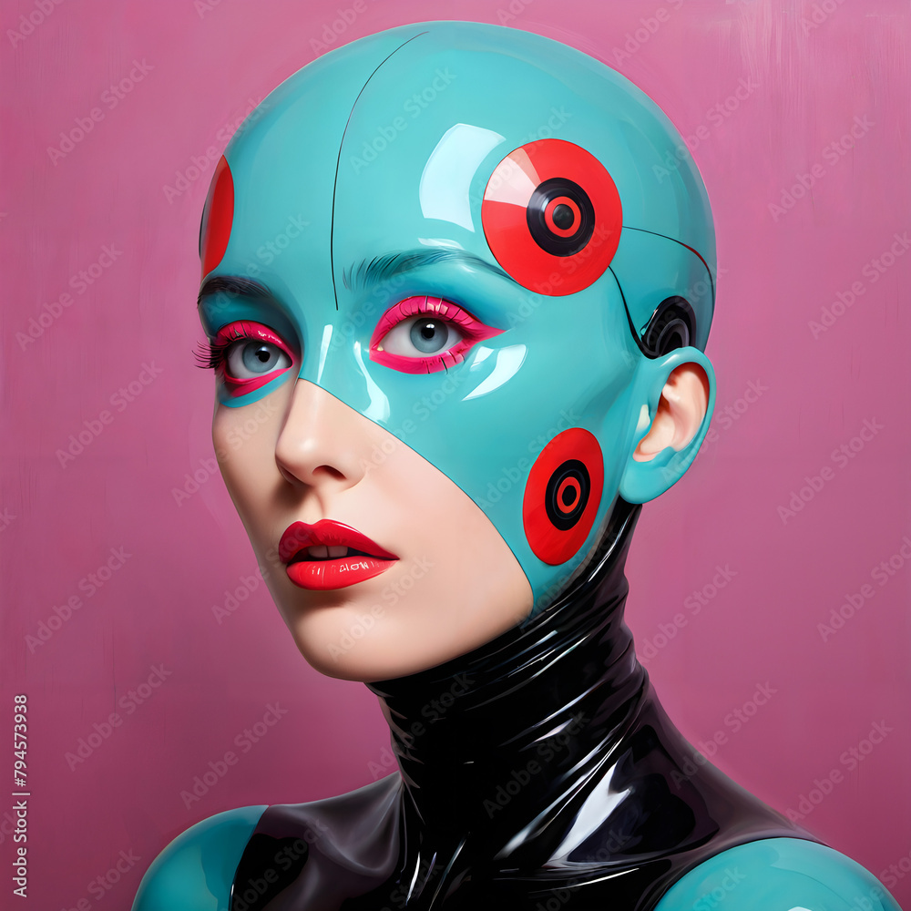 Turquoise Cyborg Woman with Red Accents on Pink Turquoise Cyborg Woman with Red Accents on Pink