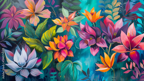 Vivid floral mural on a wall. 