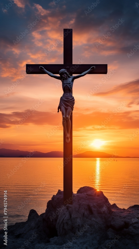 A solemn silhouette of Jesus on the cross during a vibrant ocean sunset, symbolizing faith and reflection.
