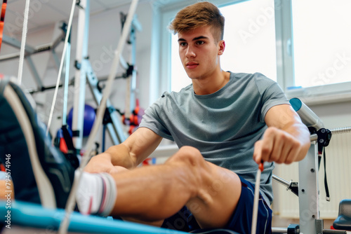 Young man doing physical therapy in office. photo