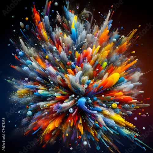 An explosive burst of abstract colorful shapes radiating outward in a dynamic display
