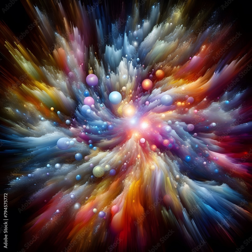 An explosive burst of abstract colorful shapes radiating outward in a dynamic display