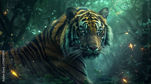 Majestic Tiger in Enchanted Forest - Realistic 2D Illustration with Copy Space for Text