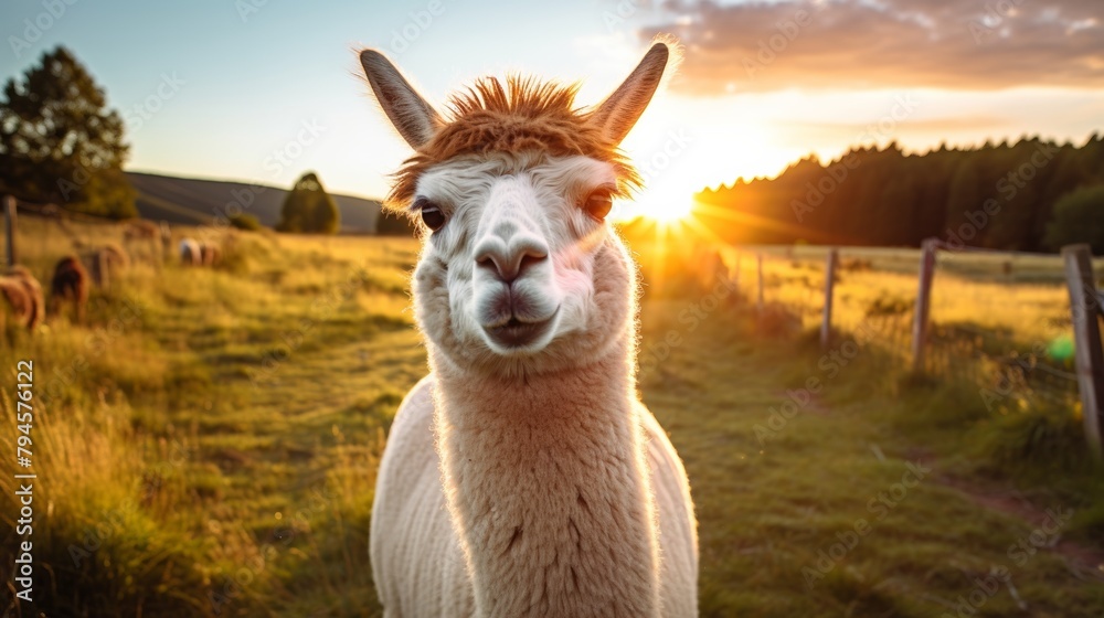 An alpaca standing in a lush green field at sunset with the sun's rays shining behind it.