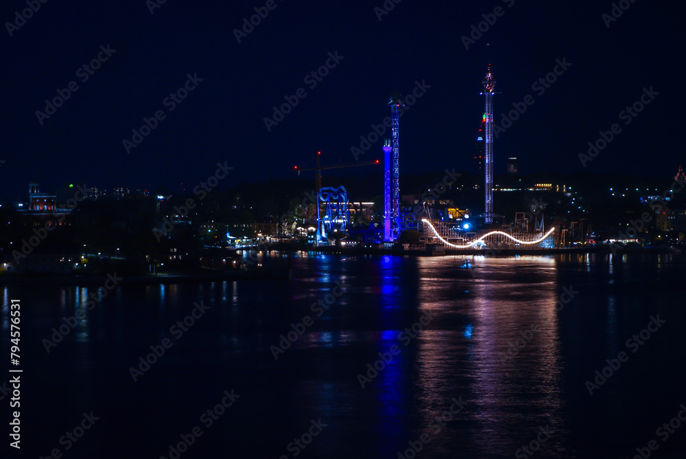 High angle view of an amusement park at night