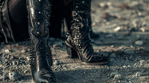 Stepping out of the shadows the Gothic Rodeo Queen exudes a powerful presence in her leather pants and studded boots ready to take on any challenge. .