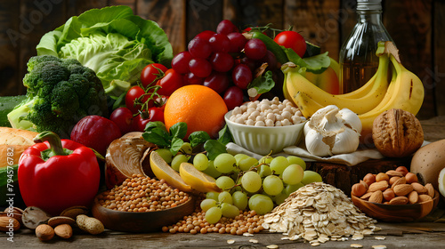 Variety of Fresh, Ripe and Healthy Foods Displayed on a Rustic Wooden Table
