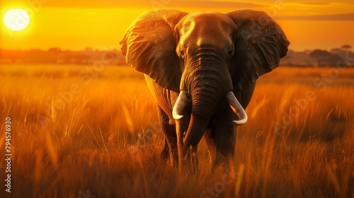 Noble Elephant in Savanna Sunset - Lifelike 2D Illustration with Copy Space for Text. © SardarMuhammad