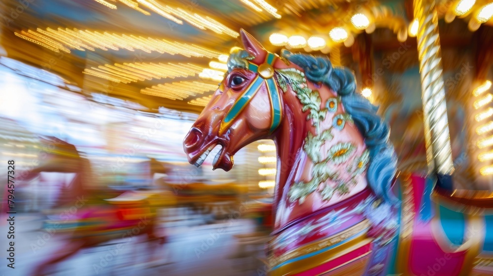A whimsical blur of a vintage carousels ornate details and vibrant colors evoking a sense of wonder and childlike joy. .