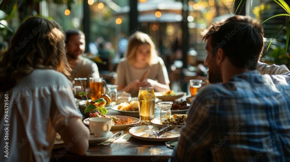 A family of four enjoying a delicious brunch backs turned towards the camera as they bond and catch up with each other over . .