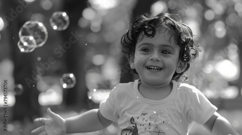 A child's wide-eyed wonder as they chase bubbles in a park, their movements spontaneous and filled with pure delight, epitomizing the innocence of childhood.