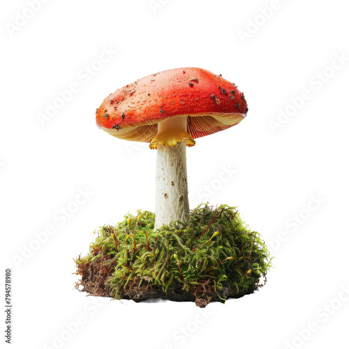 A mushroom resting on a bed of moss standing out against a transparent background