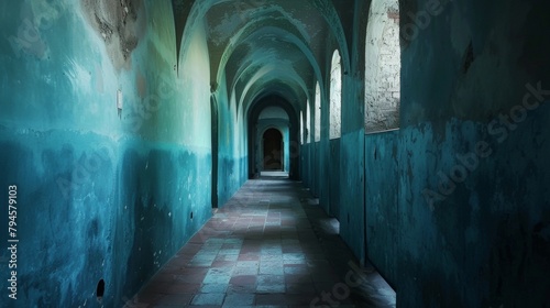 Restful hues of blue and green adorn the walls of a peaceful monastery hallway inducing deep slumber. 2d flat cartoon.