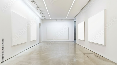 Analog color photography, taken on Canon AE-1, of a blank canvas, white frame, landscape format, on a white wall in a fancy art gallery, beautiful light with exclusive finishes and minimalist 