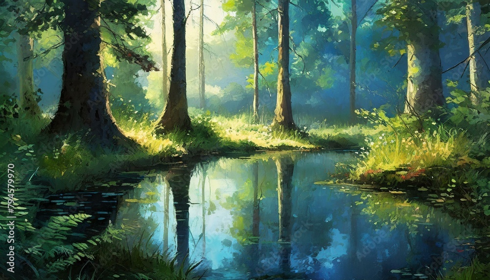 Obraz premium An early morning in a dense forest with a small, clear pond mirroring tall, majestic trees. 