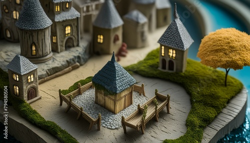 Isometric view, zoom on diorama of a fantasy village with an object in foreground 