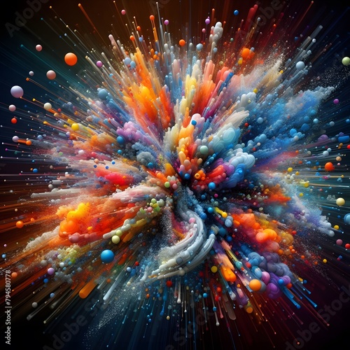 An explosive burst of abstract colorful shapes radiating outward in a dynamic display