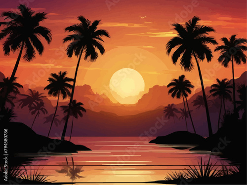 Tropical sunset with palm trees Background 