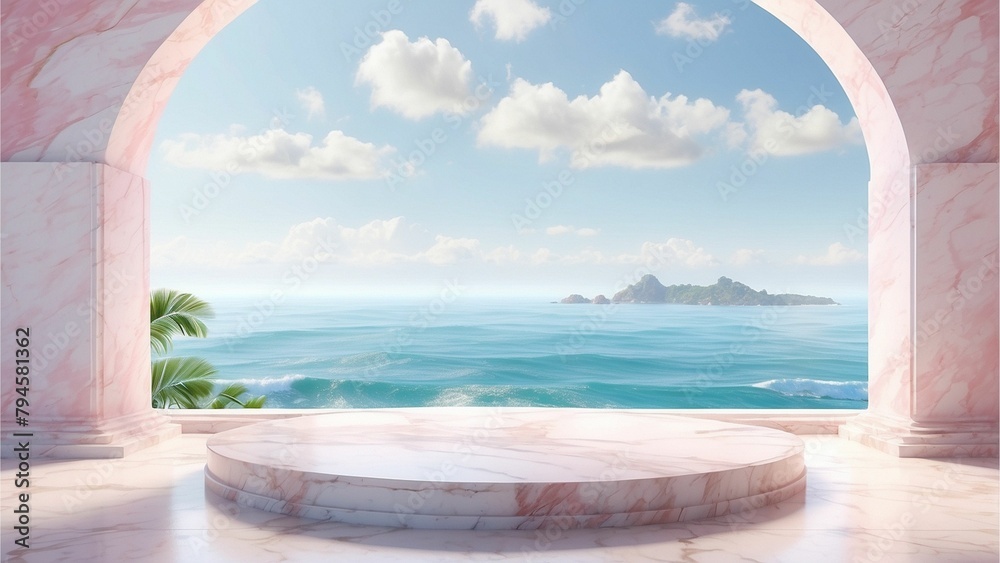Pink marble stone empty podium with beautiful ocean view