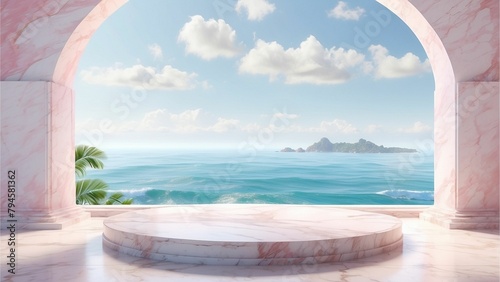Pink marble stone empty podium with beautiful ocean view