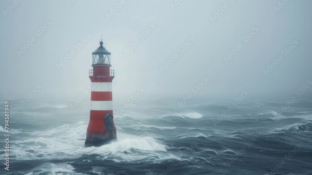 Through thick fog and rough seas a skilled fisherman relies on the constant presence of a lighthouse to guide him safely towards shore. The red and white striped tower stands tall .