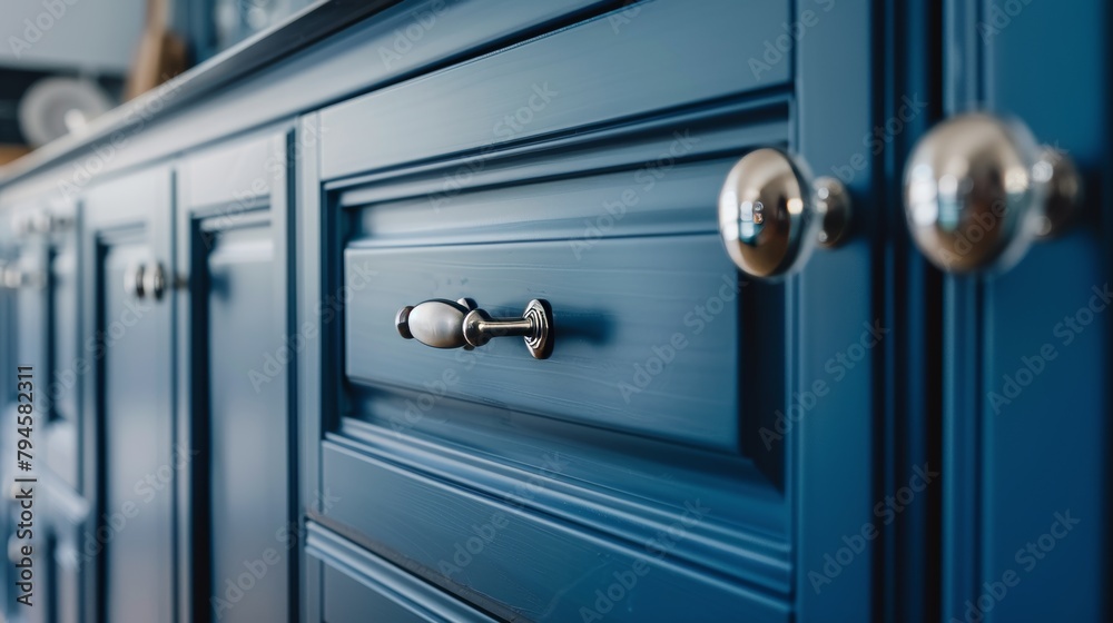 Fototapeta premium Close-up of luxurious blue kitchen cabinet doors with sleek stainless steel handles, merging modern with vintage