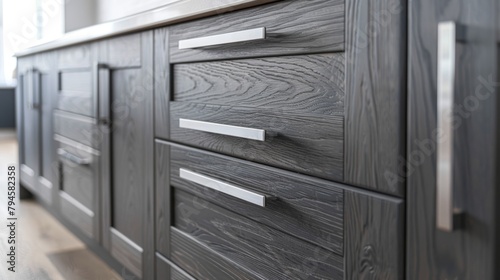 Close-up of luxury gray light kitchen cabinet doors with sleek stainless steel handles, vintage flair