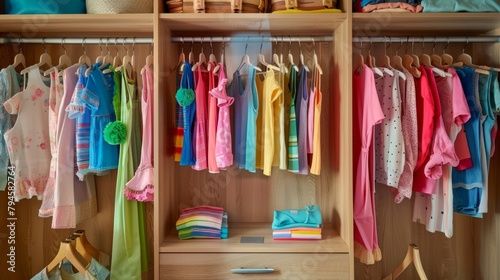 Cozy wooden wardrobe with neatly organized shelves of colorful kids' clothes hanging