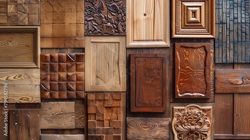 Detailed showcase of wood textures on luxury and vintage cabinet doors, arranged for market appeal